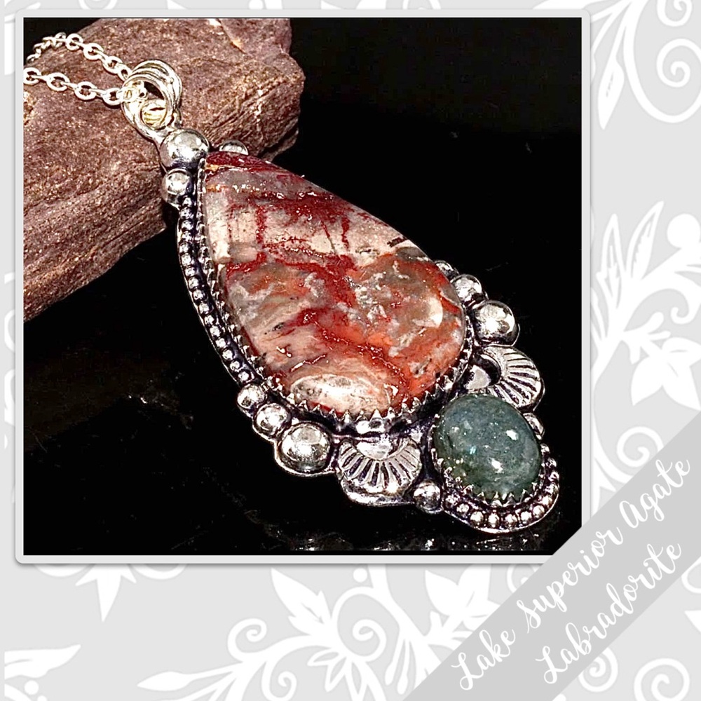 Lake Superior Agate, Labradorite Large Southwest-Style Silver Necklace, 18โ Red - Picture 1 of 2